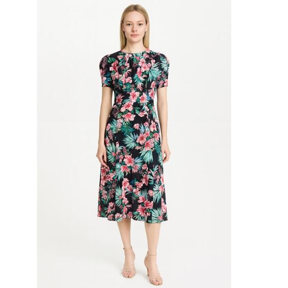 Les Reveries Hibiscus Midi Dress 2 Black Pink NEW - Picture 1 of 10